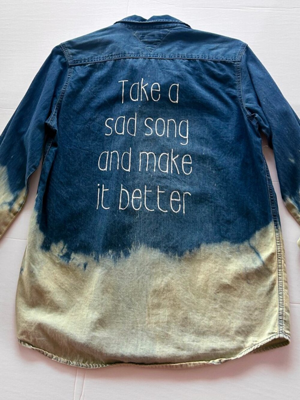 Tommy Hilfiger Custom Denim Shirt Bleach Dipped with Beatles song lyrics